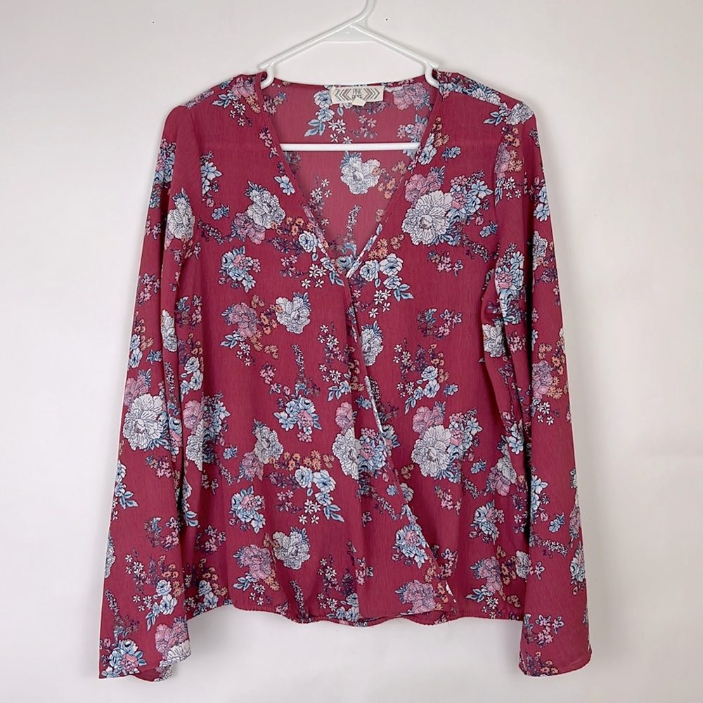 PINK ROSE mock wrap blouse wide sleeves gathered waist. Color:  rose flo…